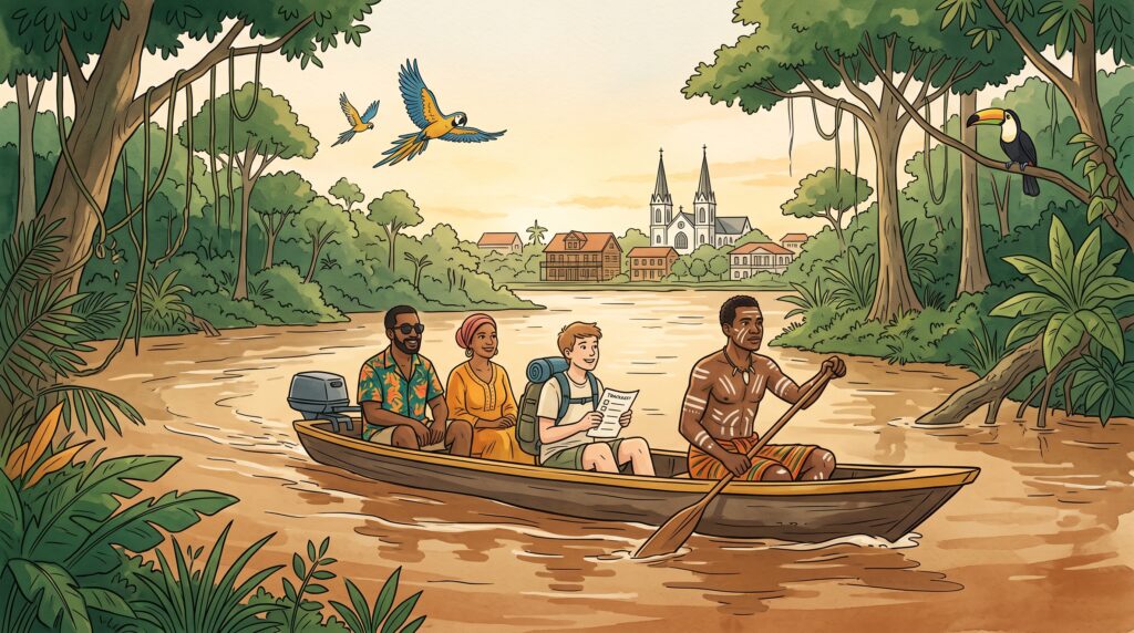 Reisgids voor Suriname: illustratie van een boot op de Surinamerivier